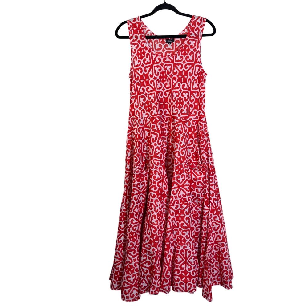 TERRE ROUGE Dress Small Sleeveless Full Skirt Side Pockets Graphic‎ Orange/Red